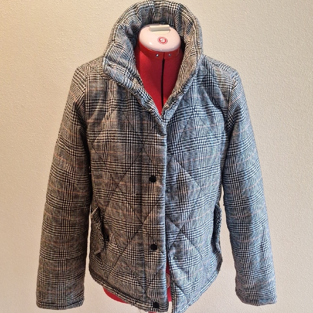 Plaid Quilted Women's Jacket - Gray Black Check Size M